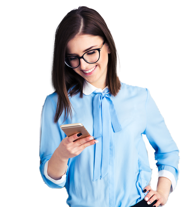 Happy businesswoman using smartphone over gray background. Wearing in blue shirt and glasses_